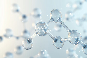 A close-up of a transparent glass molecular structure suspended against a rich teal background, highlighting spherical nodes and cylindrical bonds in sharp focus