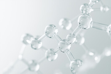 A sleek 3D rendering of a glass molecular chain set against a bright white backdrop, emphasizing smooth joints and reflective surfaces for a clean scientific aesthetic
