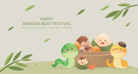 Dragon Boat Festival advertisement or event poster, cute mascot and snake character