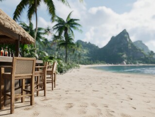 Tropical Beach Bar with Palm Trees and Scenic Mountain View