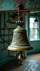 Obraz premium Antique brass nautical bell in rustic setting with spiral staircase