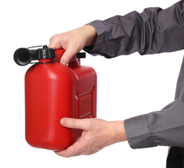 Man holding plastic canister on white background, closeup