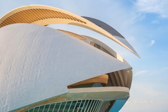 Front of builiding Ciutat de les Arts i les Ciencies with Palace of the Arts modern architecture by Santiago Calatrava in Valencia, Spain. Architectural details City of Arts and Sciences, Opera House