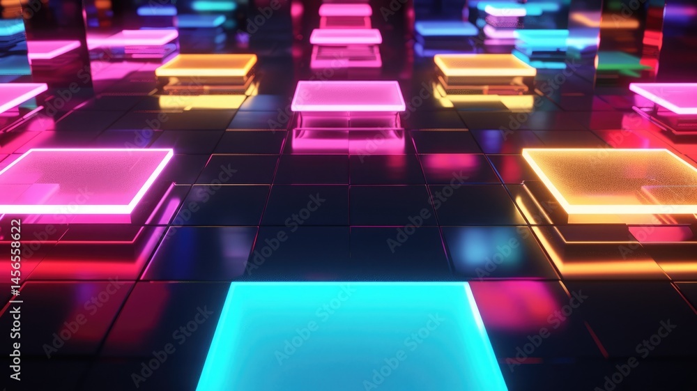 Poster abstract seamless and energetic of mixed digital style cube object shining colorful neon light in bl