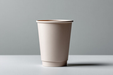 Simple and elegant paper cup standing upright on a grey surface, photographed in soft lighting, ideal for eco-packaging or branding visuals