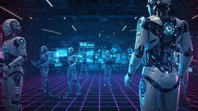 Futuristic robots engaging with holographic displays in a high-tech control room environment