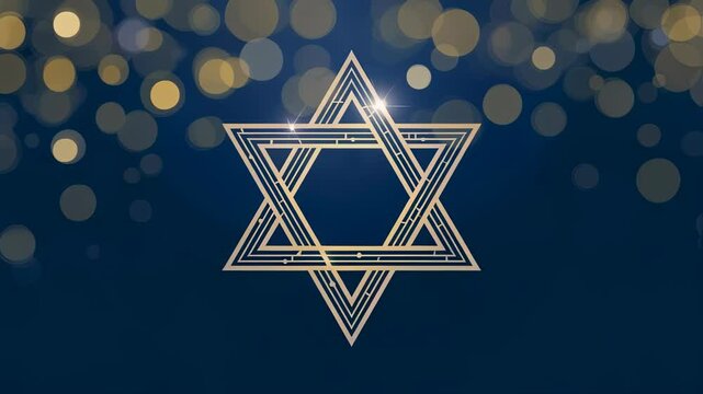 Golden star of david with light bokeh on blue background. Religious jewish symbol graphic for banner, greeting card, invitation, decoration and hanukkah holiday.
