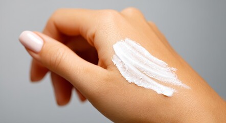 A woman's hands are shown applying moisturizing cream as part of a cosmetic skin care routine