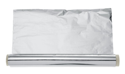 Roll of aluminum foil isolated on white, top view
