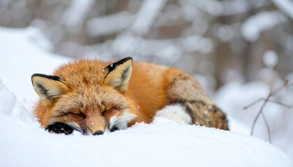 Chibi-Style Fox Sleeping Peacefully in a Snowy Forest &ndash; Cute Fluffy Animal Curled Up in Winter Landscape with Cozy, Soft Atmosphere &ndash; Tranquil Nature Illustration Scene