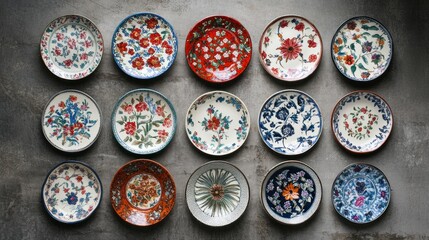 Colorful patterned plates arranged on a gray background.  Each plate displays intricate floral designs in various colors