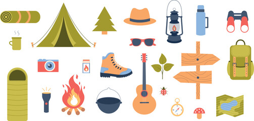 Isolated set of vector elements in flat style for camping.