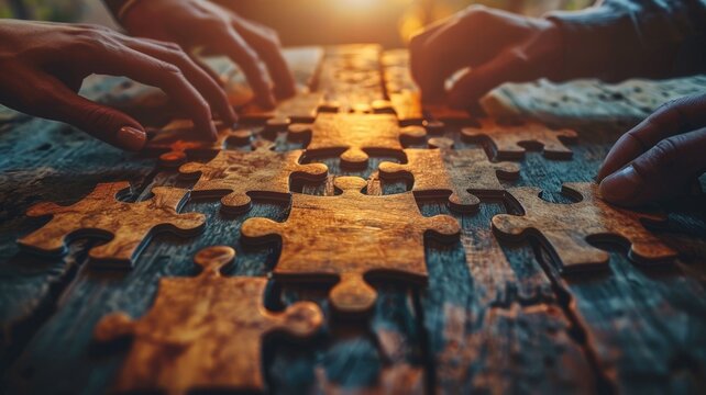 The picture of people together solving problem supporting team with fresh idea. Complex puzzle hard to be solved by human. Group of person find solution and strategy for mysterious jigsaw game. AIG53.