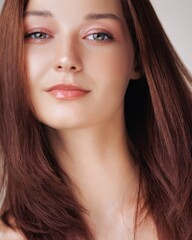 Fototapeta premium Close-up portrait of a young redhead Caucasian woman with smooth hair, glowing skin, and subtle makeup. Ideal for beauty, skincare, and haircare advertising and promotional content.