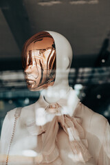 A glamorous mannequin with a metallic golden face and stylish blouse looks through the window. An...