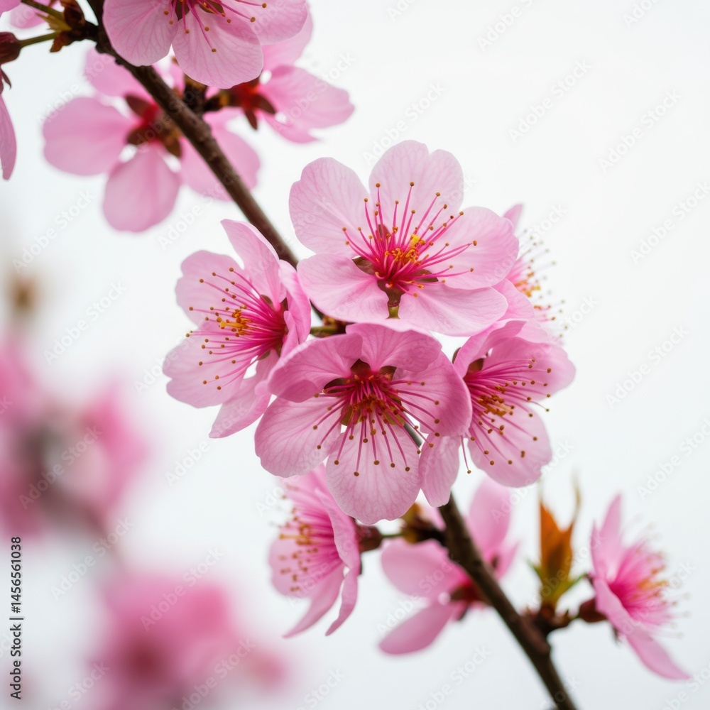 Poster close up of a flowering branch with pink petals against a soft white background in a spring setting