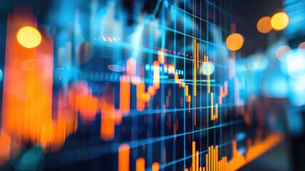 Obraz premium Colorful data visualization with glowing bar charts and light effects. Laptop display vibrant colorful increasing stock market. Financial statistic design. Digital technology theme for design. AIG53.