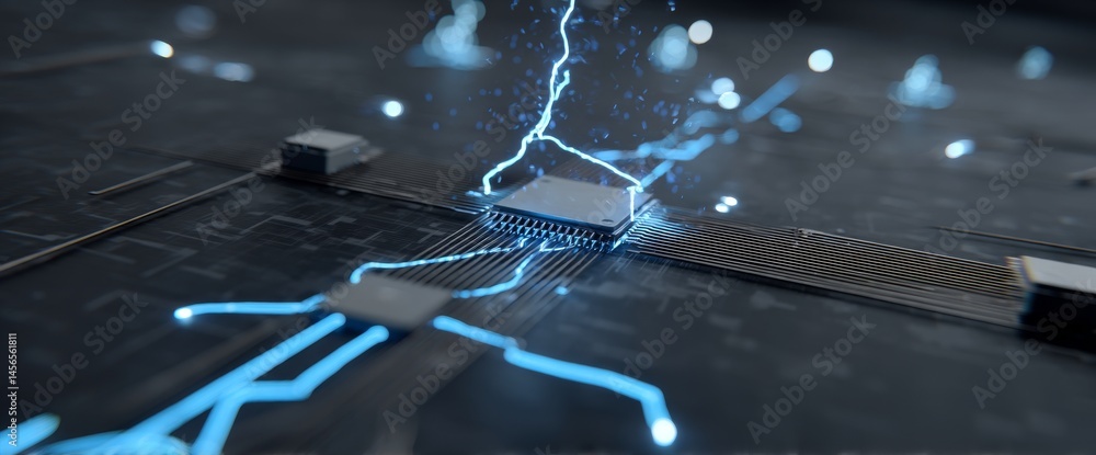 Poster this 3d render conceptually depicts a futuristic circuit board with a glowing processor, transmittin