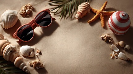 Naklejka premium Top view beach flat lay with summer accessories beach ball flip flops and sunglasses amid tropical leaves and sand texture