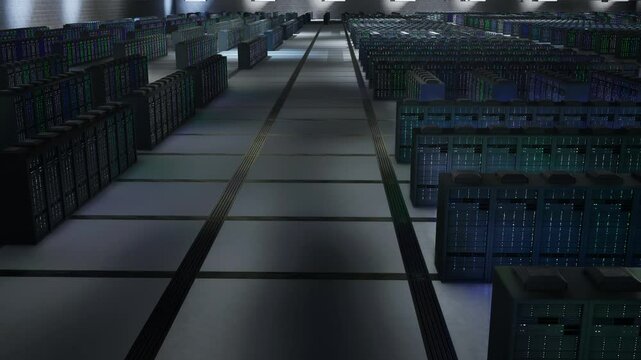Server racks in data center maintaining datasets crucial to AI applications, aerial shot. Mainframes in server room supplying scalable computing power required for simulations and AI