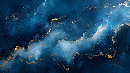 Abstract navy blue and gold marbled design.