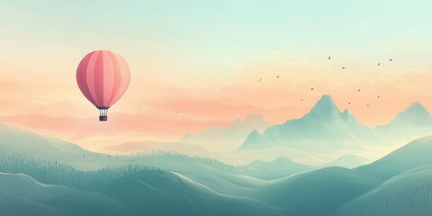 Fototapeta premium A detailed crayon drawing illustration scene with a hot air balloon soaring above rolling hills and distant peaks.