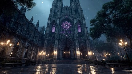 Obraz premium Gothic Cathedral Illuminated by Moonlight and Lanterns in a Rainy Night Scene