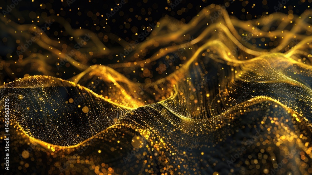 Poster elegant picture of gold light sparkling particles scattered across a deep black background, create a