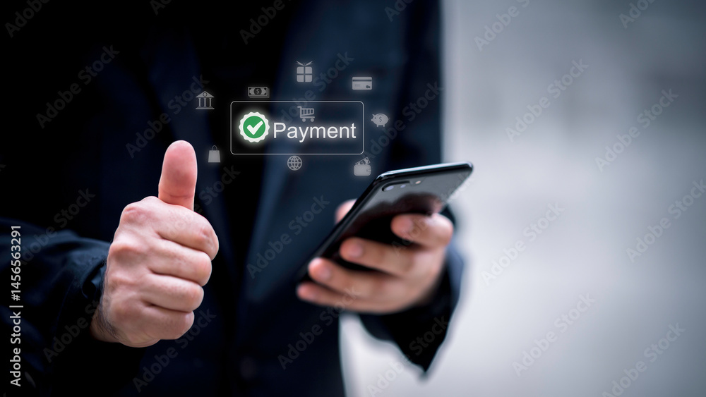 Poster man using smartphone for online payment with secure transaction, digital wallet system, and mobile b