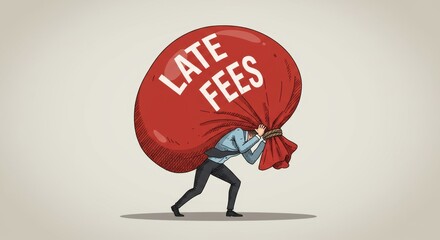 Man burdened by a giant sack of debt and late fees, struggling under pressure