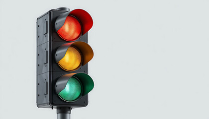 Unusual traffic light with red, yellow, and green signals lit simultaneously. Great for metaphorical or humorous concepts related to confusion, system error, or decision-making.