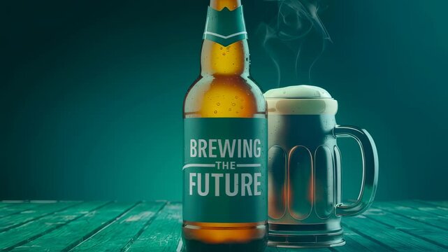 Cold beer bottle and mug with foam on blue wooden table. Alcohol beverage with brewing the future slogan for advertising or marketing design. Dark background.