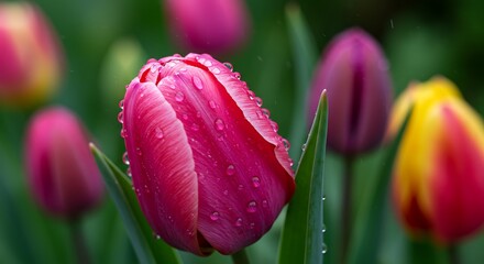 Fototapeta premium Blooming Tulip with Water Droplets in Garden Setting