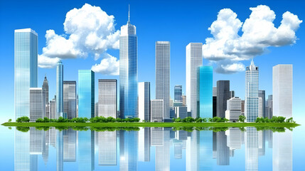 Fototapeta premium Modern city skyline reflected in calm water, green park foreground, blue sky with clouds; ideal for urban development, real estate, travel brochures
