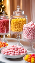 A table topped with three glass jars filled with different colored candies.