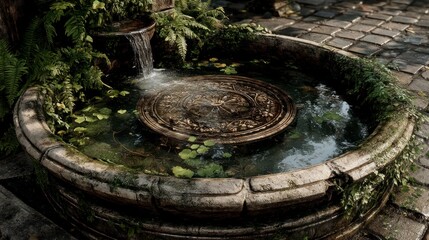 Serene Garden Fountain with Lush Greenery and Detailed Stone Work Ideal for Nature Relaxation