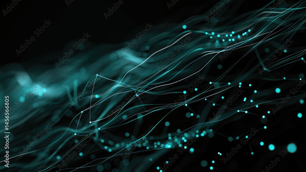 Poster abstract picture of turquoise particle with sparkle atom style design connect and flow show energy d