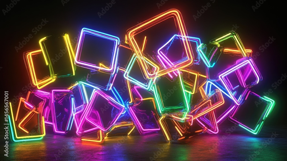 Poster Overlapping neon elements in cool tones, 3D techno futuristic design
