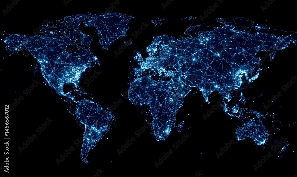 Poster the world map of network technology is depicted in an abstract design with a motion blur panorama st