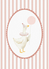 Cute goose illustration for a girl, featuring a festive hat and collar. This beige poster with an oval frame showcases a farm bird in a watercolor cottagecore style, perfect for kids' textile and