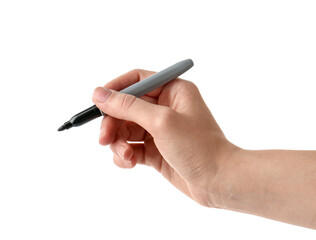 Woman with black marker on white background, closeup