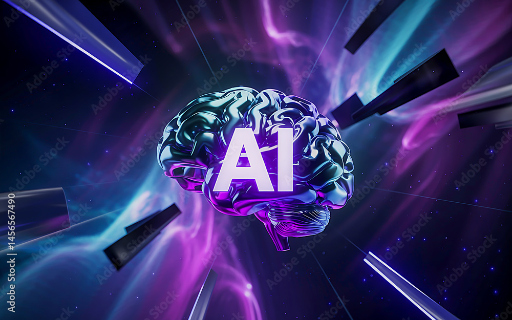 Poster image of artificial intelligence. numerous electronic circuits run around the metallic surface of a 