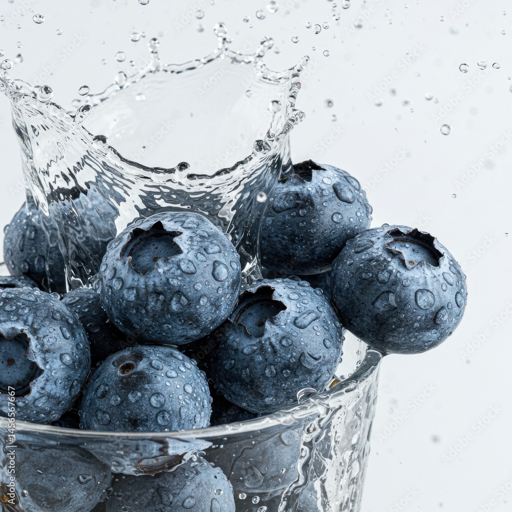 Poster blueberries in a glass with splashing water creating a refreshing and vibrant image of freshness