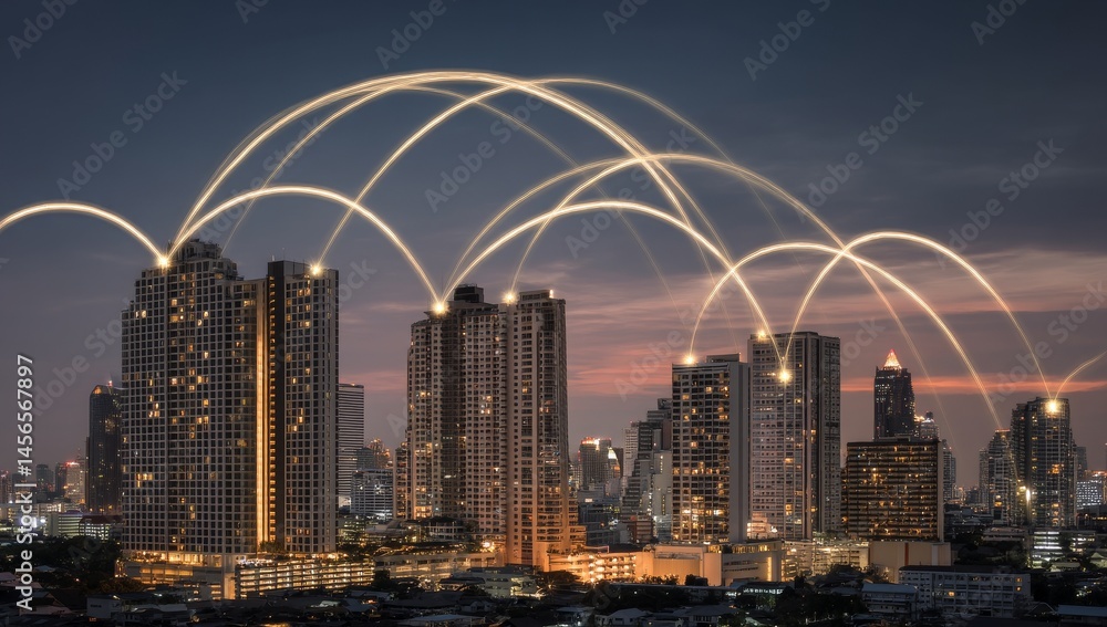 Aufkleber the concept of a smart city incorporates a wireless network connection and a cityscape, highlighting
