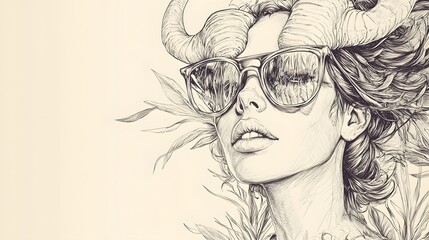 Woman with sunglasses on her face and horns on her head. The horns are large and pointy, giving her a fierce and confident appearance. The sunglasses are stylish