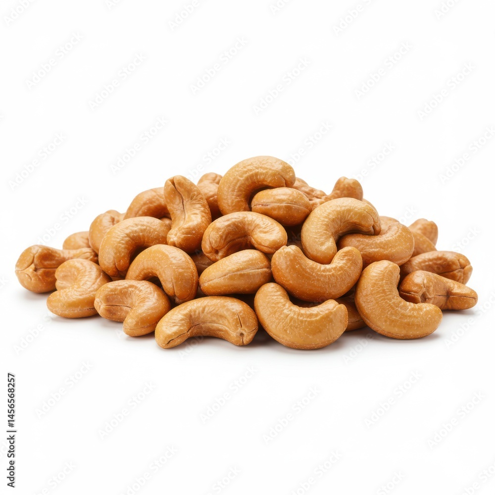 Poster a close up shot of a pile of roasted cashews on a white background in a studio setting view from abo