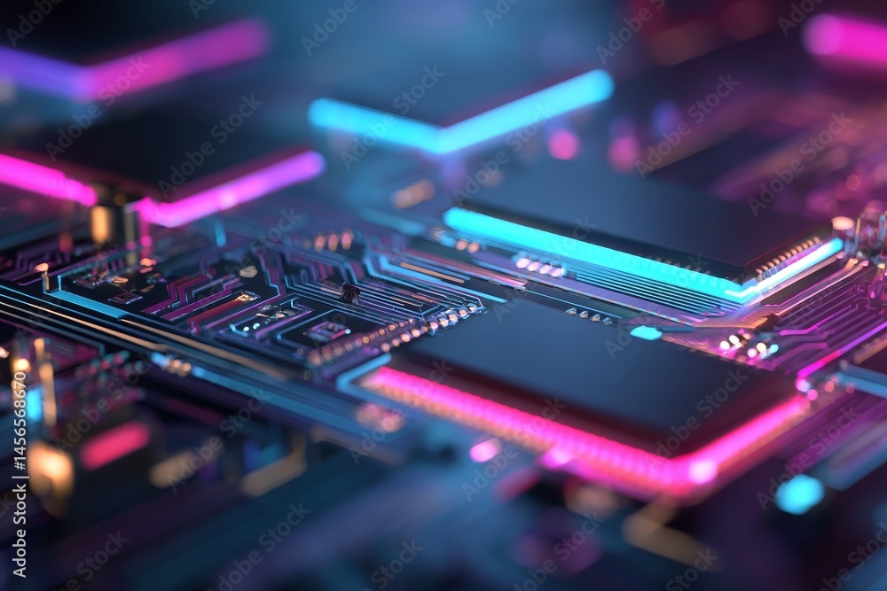 Poster the image features a computer mainboard with an electronic technology background, displayed in toned