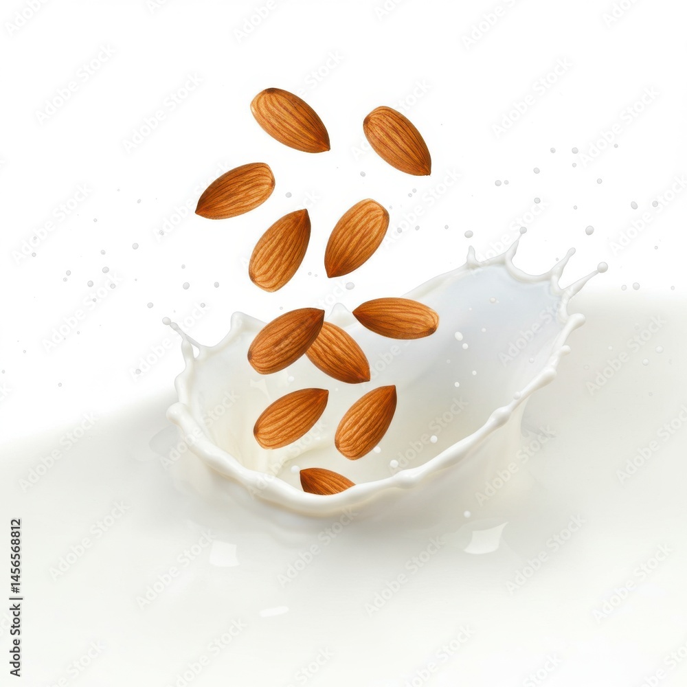 Poster almonds falling into milk creating a splash on a white background in a studio shot