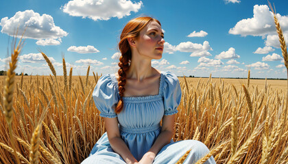 A red-haired woman sits alone in a golden wheat field under a wide summer sky lost in thought.