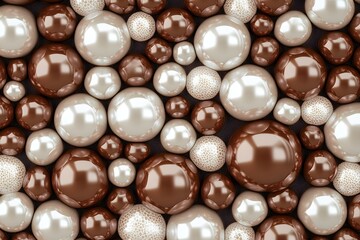 Close up of many different colored beads, some of which are white and some of which are brown. The beads are arranged in a way that creates a sense of depth and texture